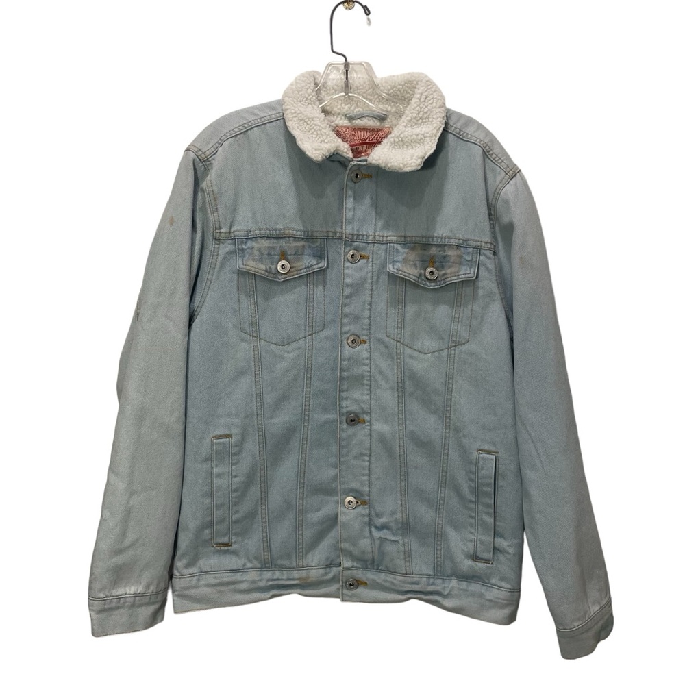 Trademark Brooklyn Denim Sherpa Lined Jean Jacket Men Sz M Distressed Destroyed